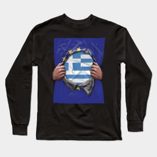 Greece Flag European Union Flag Ripped Open - Gift for Greek From Greece Long Sleeve T-Shirt